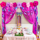 Riles & Bash Enchanted Pink & Purple Streamer Backdrop with Ruffled Streamers and Crepe Paper Flowers