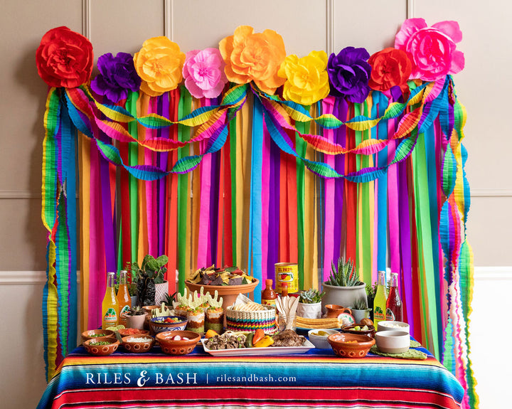 Mexican Fiesta Streamer Backdrop with Crepe Paper Fiesta Flowers and R ...