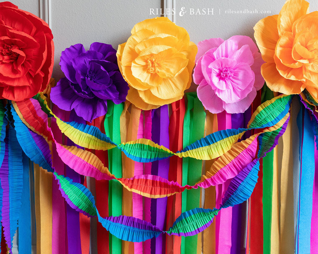 Riles & Bash Mexican Fiesta Streamer Backdrop with Crepe Paper Fiesta Flowers and Ruffled Party Streamers