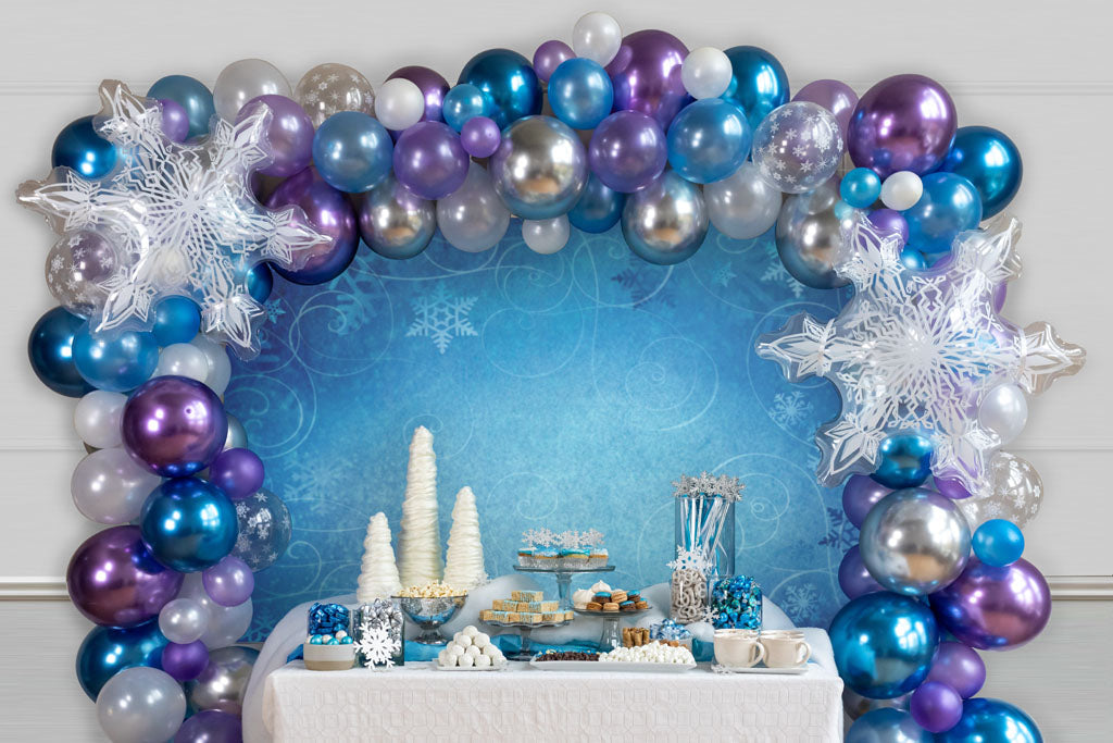 Riles & Bash Frozen Snowflake Balloons with Winter Wonderland Backdrop_frozen birthday party supplies_frozen balloons_winter wonderland