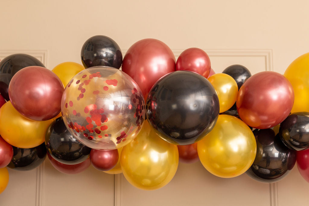 Burgundy, Black and Gold Balloon Garland with Brick Backdrop – Riles & Bash